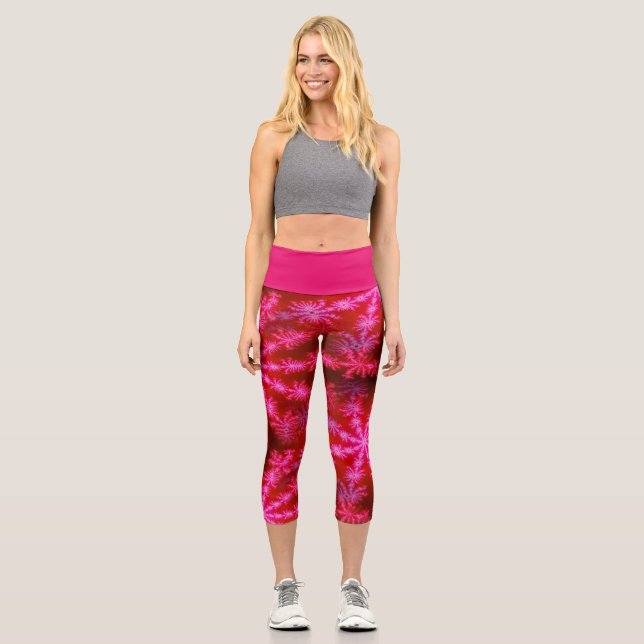 Wild Psychedelic Hot Pink Fractal Starburst Capri Leggings (Front)