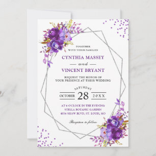Wild Purple Floral Modern Geometric Frame Wedding Invitation