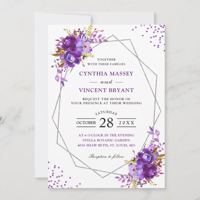 Wild Purple Floral Modern Geometric Frame Wedding Invitation (Front)