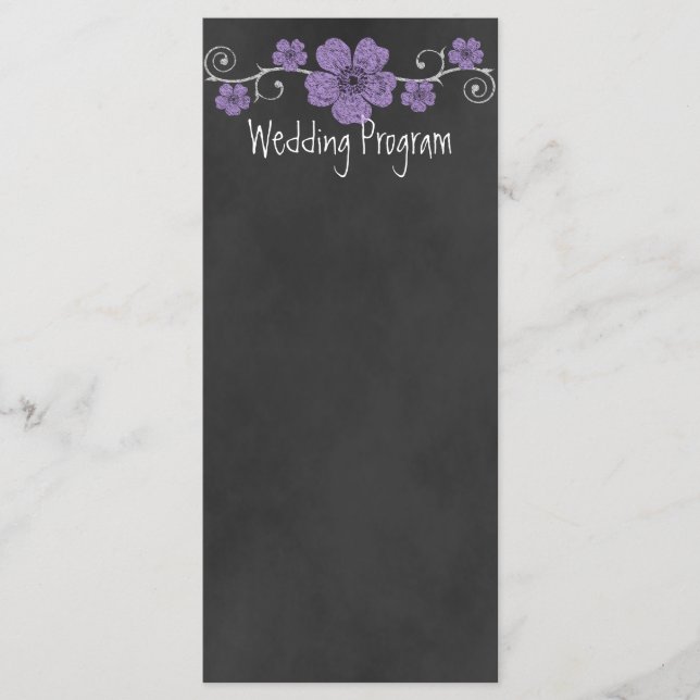 Wild Purple Roses Chalkboard Wedding Program Card (Front)
