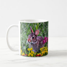Wild Rabbit and Pink Tulips Spring Season Coffee Mug