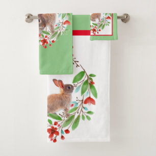 Wild Rabbit and Red Floral Wreath Bath Towel Set