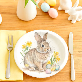 Wild Rabbit Easter Eggs and Daffodil Flowers  Paper Plate