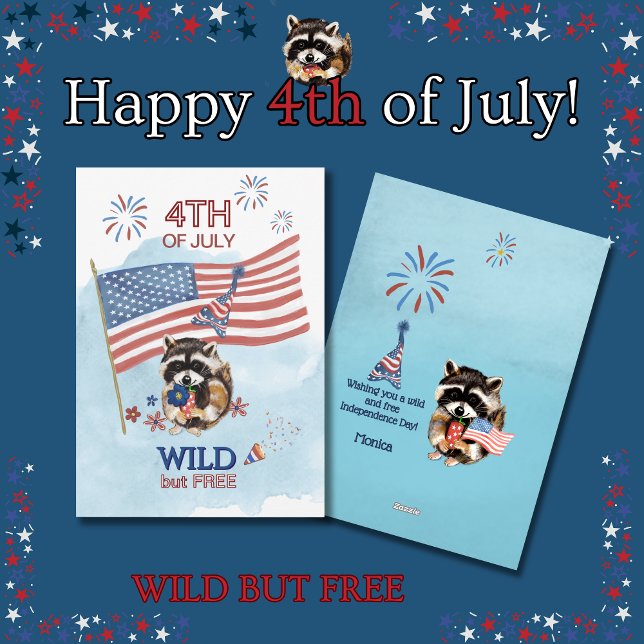 Wild Racoon Girl Celebrates Fourth of July Holiday Card (Wild Raccoon Girl Celebrates Fourth of July Holiday Card)