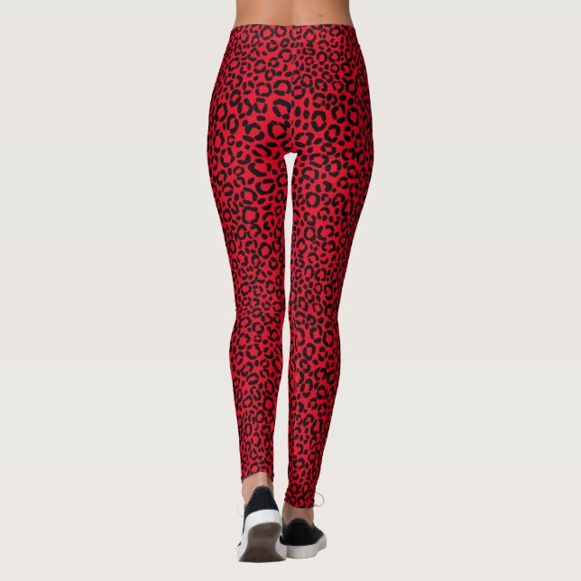 Wild Red and Black Leopard Print Fur Pattern Leggings (Back)