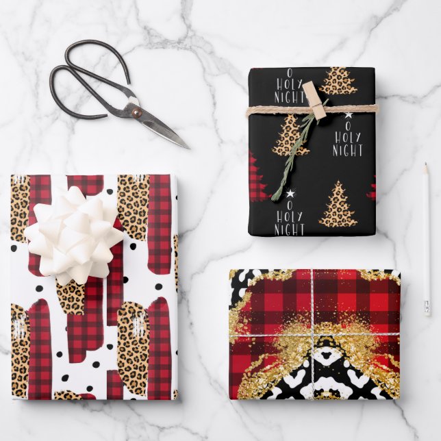 Wild Red Buffalo Plaid Leopard Print Christmas Wrapping Paper Sheet (Front)