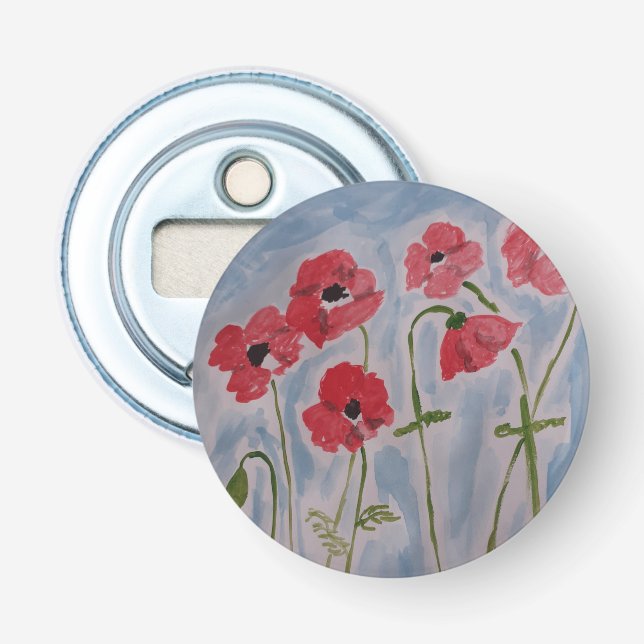 Wild Red Poppies Button Bottle Opener (Front)