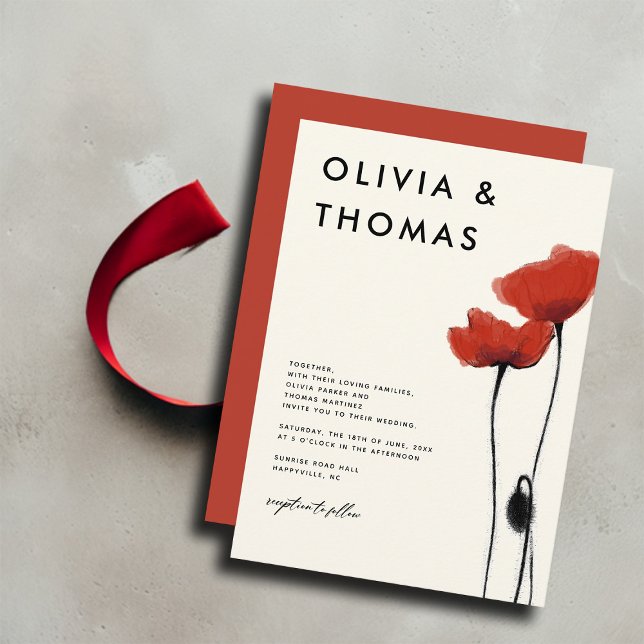 Wild Red Poppies Modern Rustic Elegant Wedding Invitation (red poppies poppy wildflowers wedding invitation modern elegant romantic simple bohemian summer)