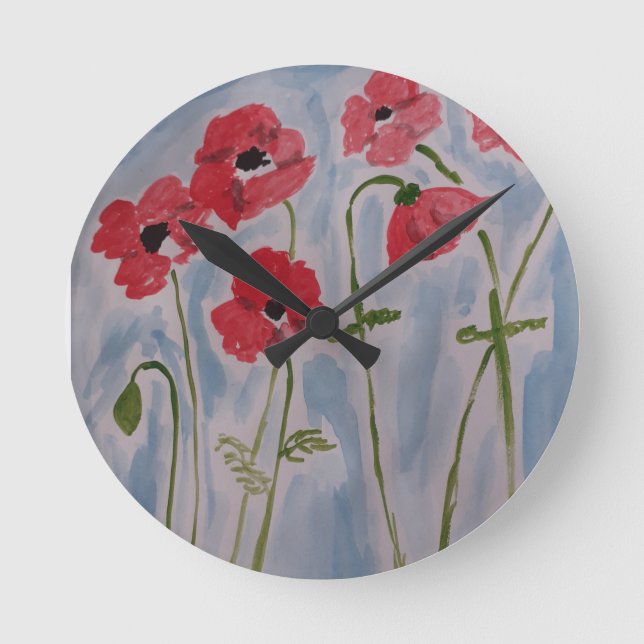 Wild Red Poppies Round Clock (Front)
