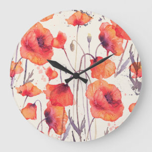 Wild red poppies, watercolor pattern large clock