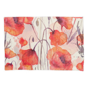 Wild red poppies, watercolor pattern pillowcase