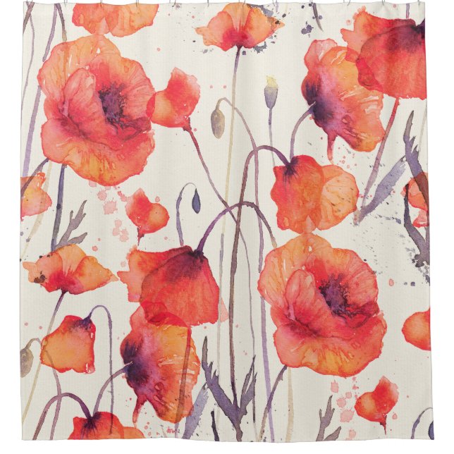 Wild red poppies, watercolor pattern shower curtain (Front)