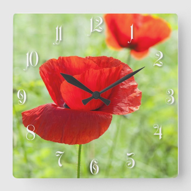 Wild red poppy flower square wall clock (Front)