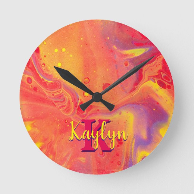 Wild Red Purple Acrylic Flow Art Round Clock (Front)