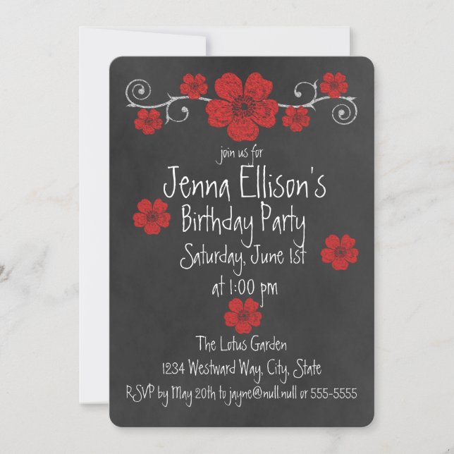 Wild Red Roses Chalkboard Party Invitation (Front)