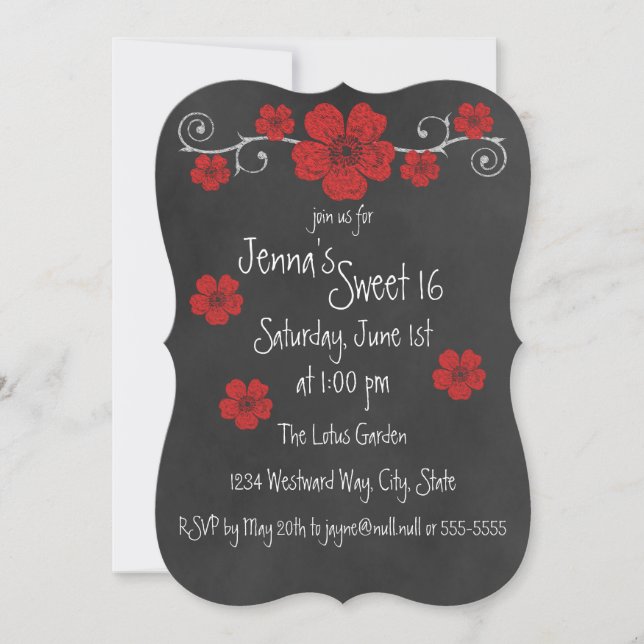 Wild Red Roses Chalkboard Party Invitation (Front)