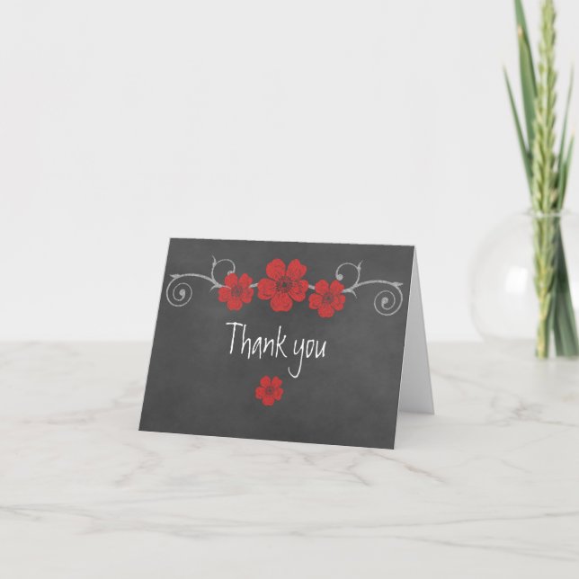 Wild Red Roses Chalkboard Thank You Note Card (Front)