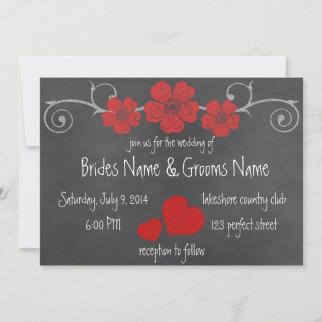 Wild Red Roses Chalkboard Wedding Invitation (Front)