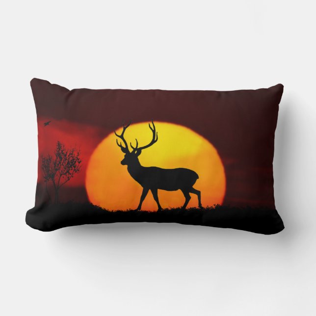 Wild reindeer silhouette & sunrise on a jungle lumbar cushion (Front)