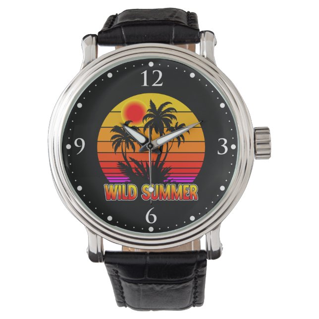 Wild Retro Summer Vibes with Palm Trees Design Watch (Front)