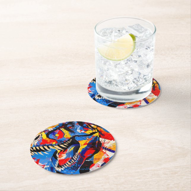 Wild Retro T-rex Dinosaur Fusion Round Paper Coaster (Insitu)