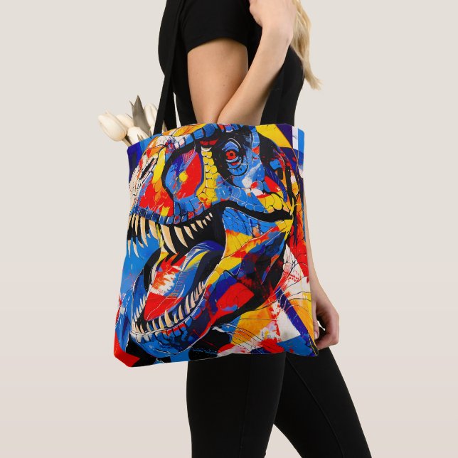 Wild Retro T-rex Dinosaur Fusion Tote Bag (Close Up)