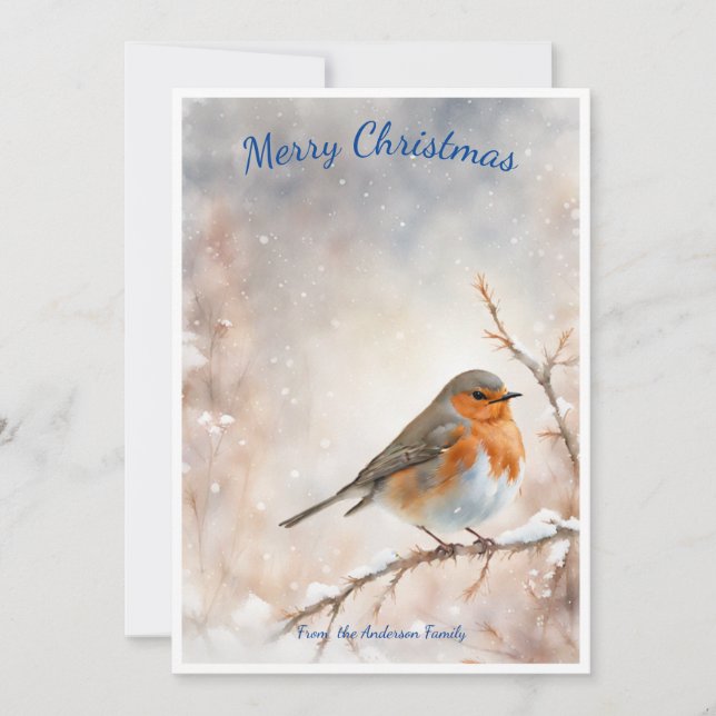 Wild Robin Wonder: Personalized Watercolor Wash  Holiday Card (Front)