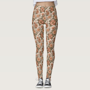 Wild Rose Blooms In Earthy Shades Of Terracotta Leggings