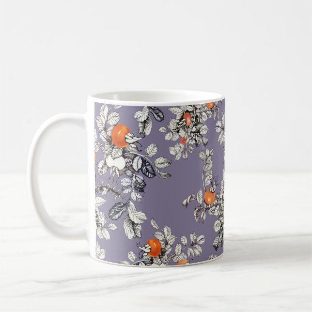 Wild Rose Branches: Purple Pattern. Coffee Mug (Left)