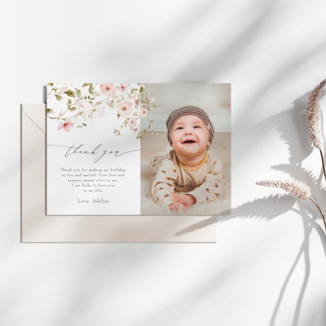 Wild Rose First Birthday Photo Thank You Card (Creator Uploaded)