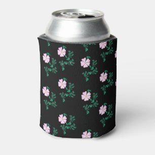 Wild Rose - Floral Pattern on Black Background  Can Cooler