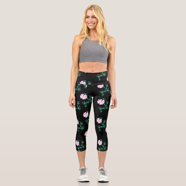 Wild Rose - Floral Pattern on Black Background Capri Leggings (Front)