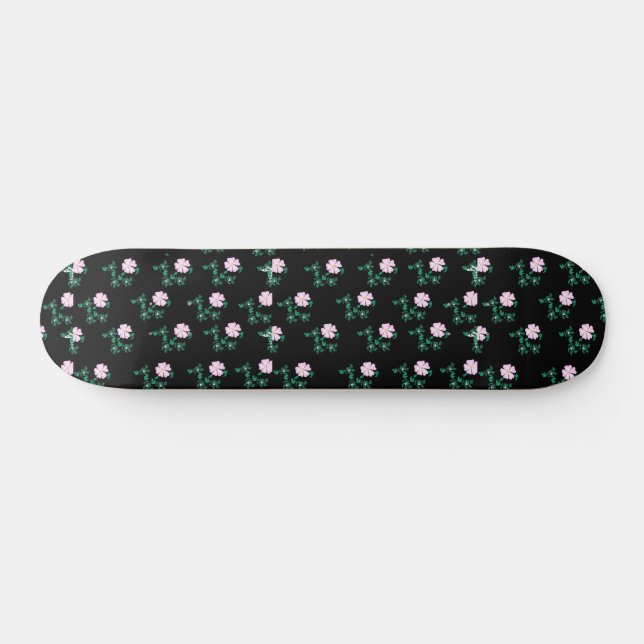 Wild Rose - Floral Pattern on Black Background Skateboard (Horz)