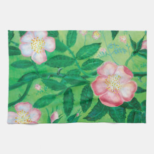 Wild rose flowers tea towel