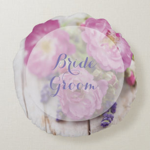 Wild Rose & Lavender Summer Flower Wedding Forever Round Cushion