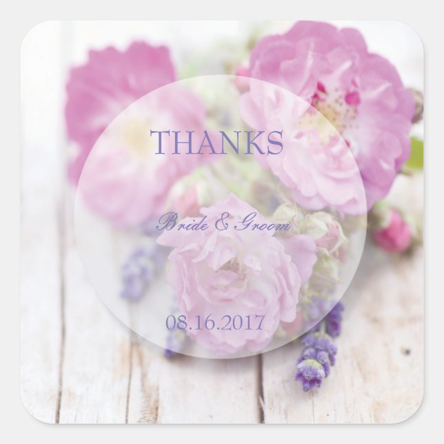 Wild Rose & Lavender Summer Wedding Thanks Square Sticker (Front)