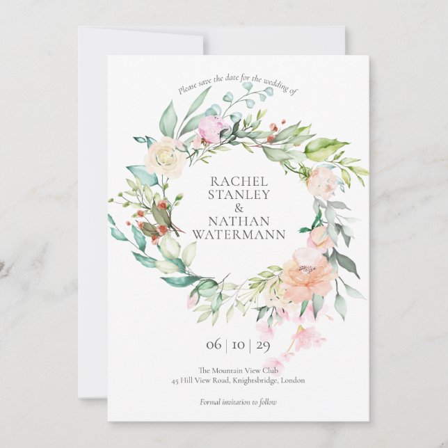 Wild Rose Watercolour Garland Save the Date Card (Front)