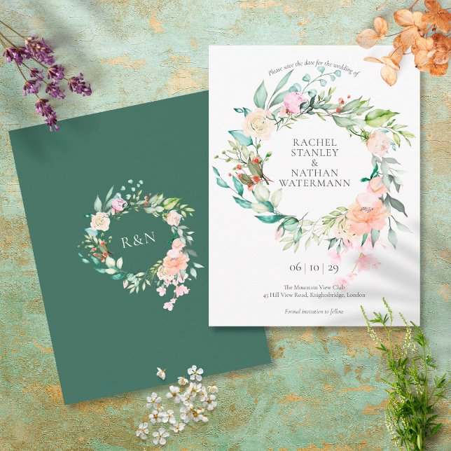 Wild Rose Watercolour Garland Save the Date Postcard (Creator Uploaded)