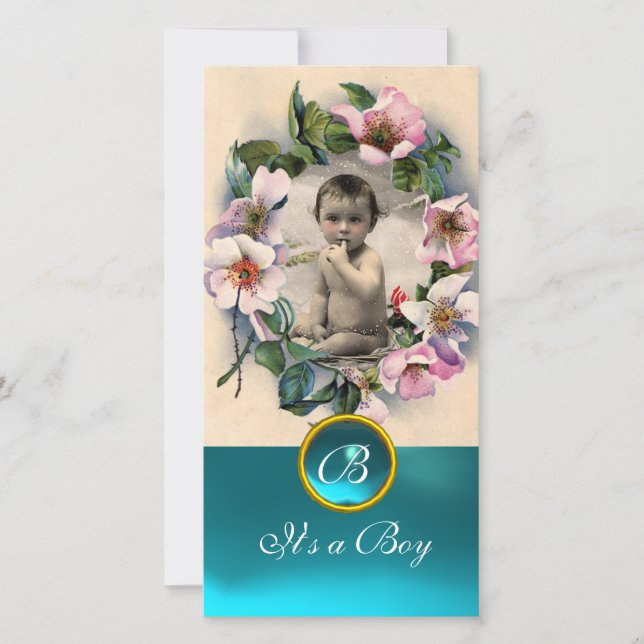 WILD ROSES AND AQUA BLUE GEM MONOGRAM ANNOUNCEMENT (Front)