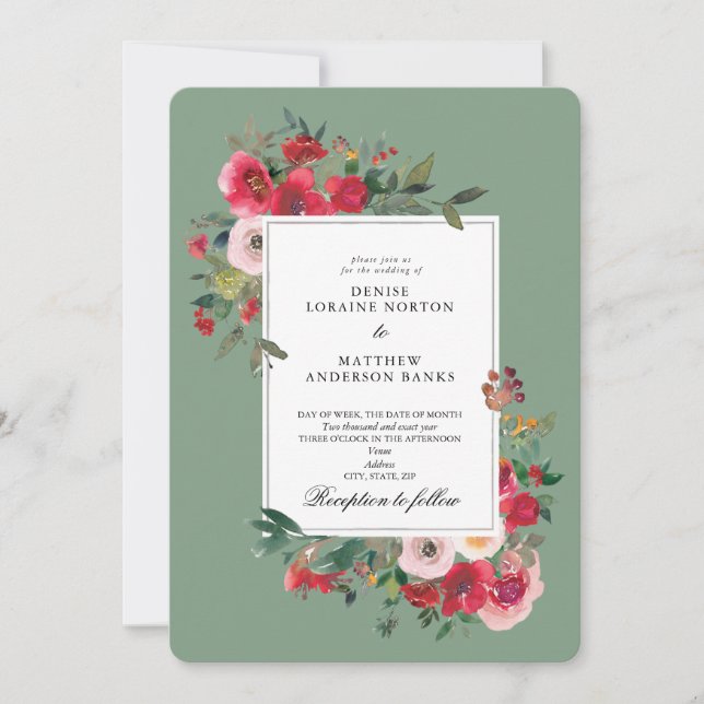 Wild Roses and Basil Green Invitation (Front)