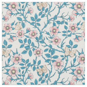 Wild roses and butterflies /pink/blue/off white fabric