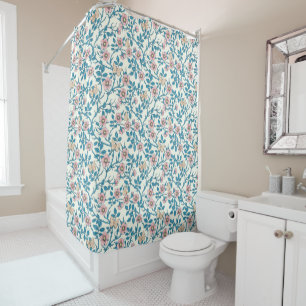 Wild roses and butterflies /pink/blue/off white shower curtain