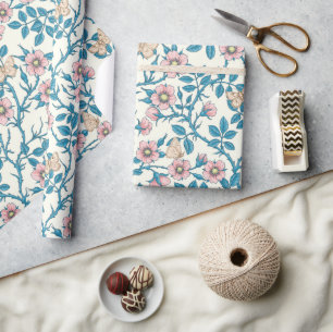 Wild roses and butterflies /pink/blue/off white wrapping paper