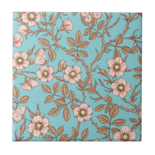 Wild roses and butterflies /pink/brown/pool tile
