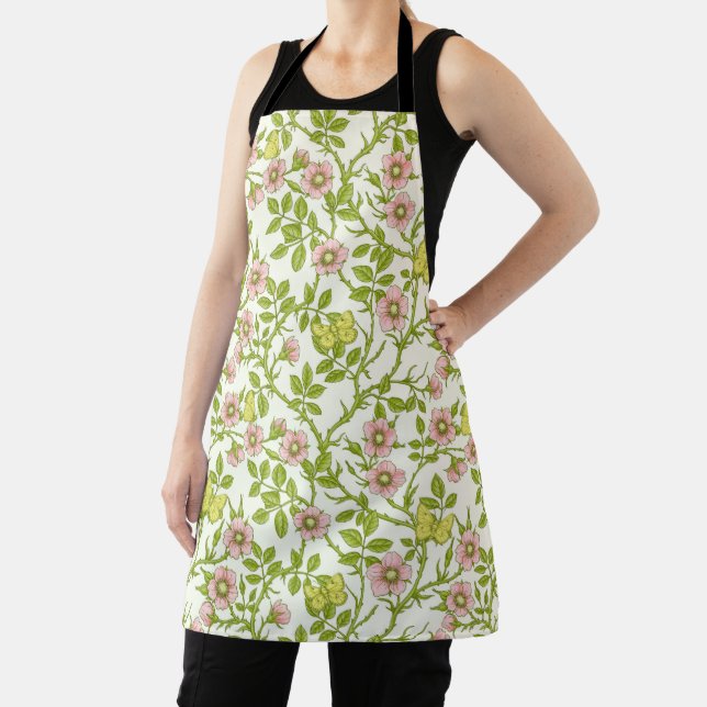 Wild roses and butterflies /pink/pale green/yellow apron (Insitu)