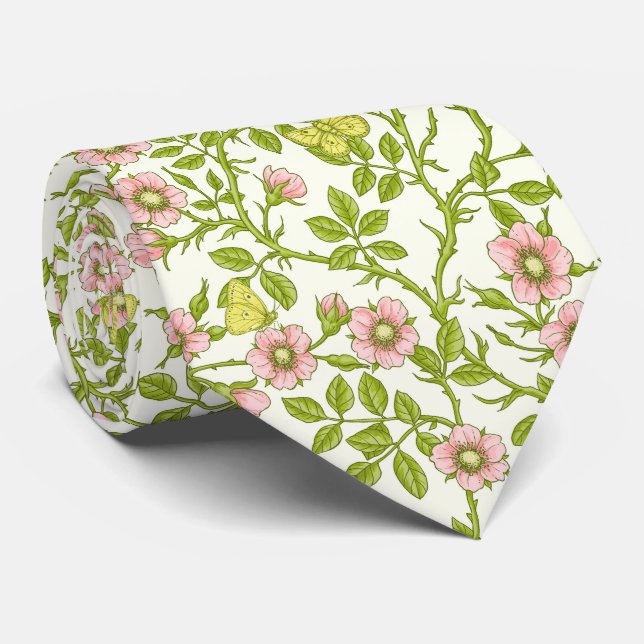 Wild roses and butterflies /pink/pale green/yellow tie (Rolled)