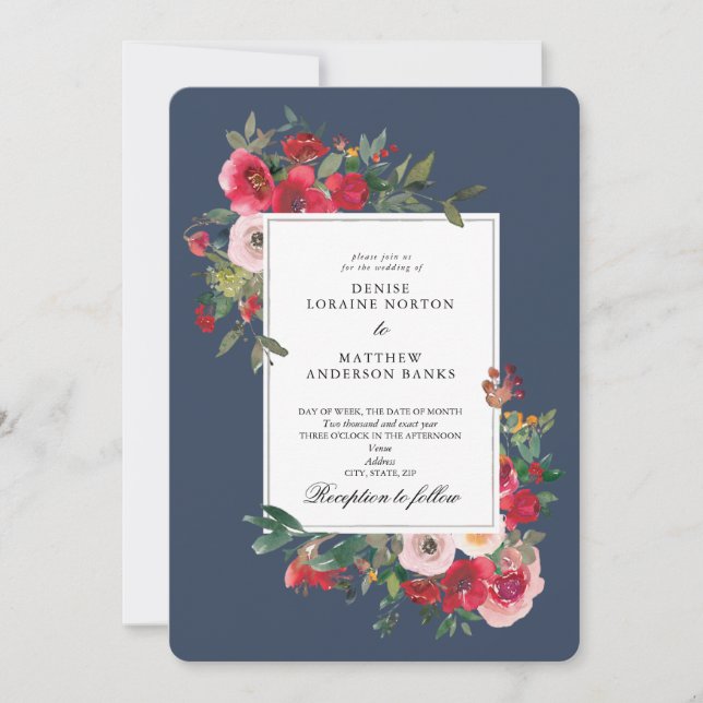 Wild Roses and Denim Coloured Wedding Invitation (Front)