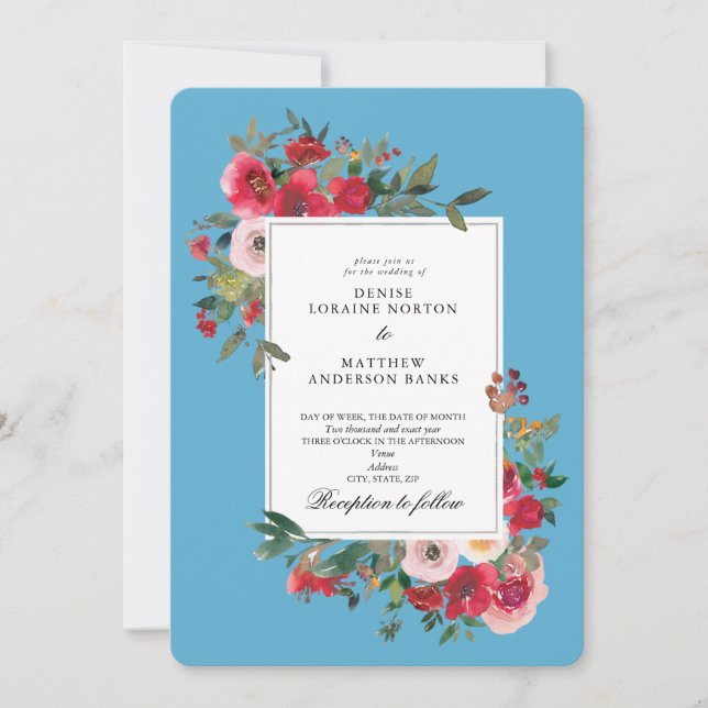 Wild Roses and Grotto Blue Colour Invitation (Front)