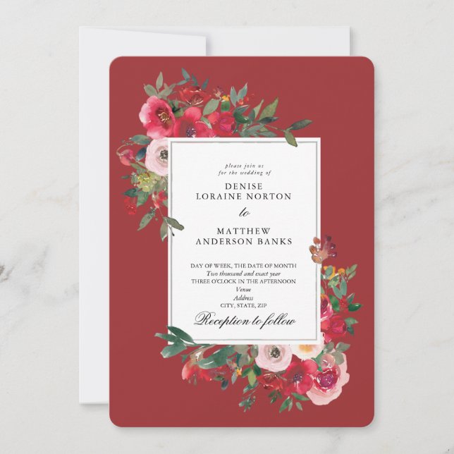 Wild Roses and Lava Red Wedding Invitation (Front)
