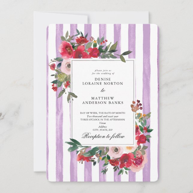 Wild Roses and Lavender Colour Wedding Invitation (Front)